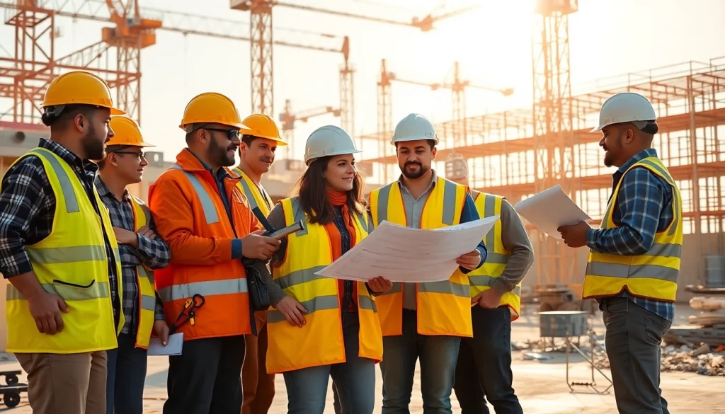 Construction association north carolina workers collaborating on a project with blueprints and tools.