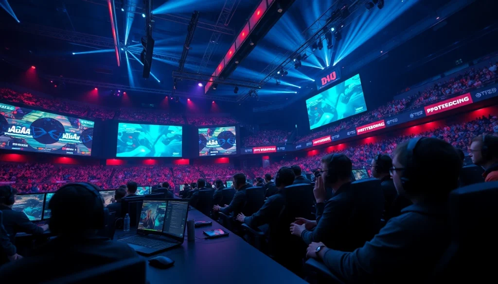 Engaging esports competition at https://www.gamelevate.com with vibrant lights and active players.