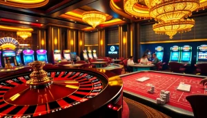 Engaged players at a luxurious casino, highlighting https://f8beta2.support/ with vibrant roulette and poker tables.