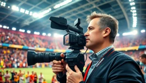 Capture live sports action with https://thesportstribune.in's dedicated reporter in a bustling stadium.