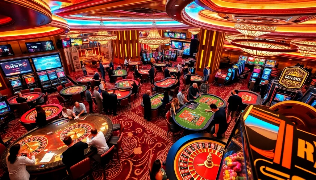 S8 casino gameplay scene featuring players at roulette and poker tables in a luxurious setting.