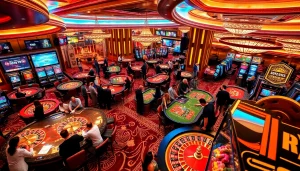 S8 casino gameplay scene featuring players at roulette and poker tables in a luxurious setting.