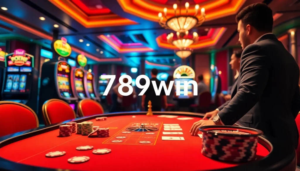 Exciting poker action at a casino table showcasing 789win with vibrant chips and cards.