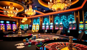 Engage with the lc 88 poker table setup, showcasing vibrant chips and cards in a luxury casino atmosphere.