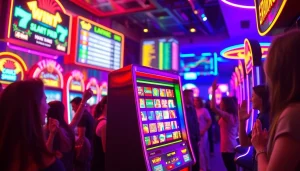 Permainan petanitoto menunjukkan mesin slot yang penuh warna dengan pencahayaan dramatis.