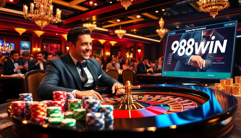 Experience the excitement of winning at https://98win.exposed/ with a glamorous casino roulette scene.