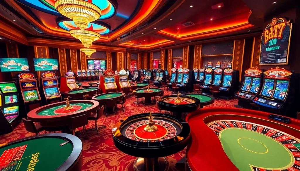 A thrilling gaming scene at 22bet.style featuring vibrant casino tables and slot machines.