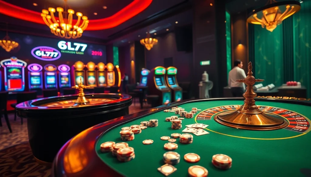 Experience the thrill of winning at 6L777's luxurious casino table with poker chips and cards.