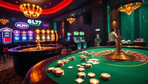 Experience the thrill of winning at 6L777's luxurious casino table with poker chips and cards.