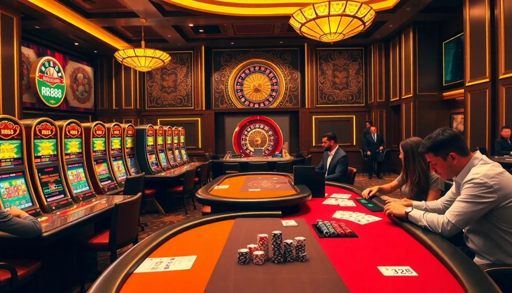 Experience RR88's thrilling casino environment with players at poker tables and vibrant slot machines.