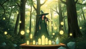Experience spiritual connections at https://julielynn.co with a serene witch in a mystical forest.
