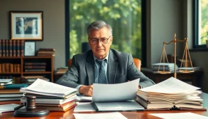 Legal expert in agricultural law reviewing documents in a professional office setting.