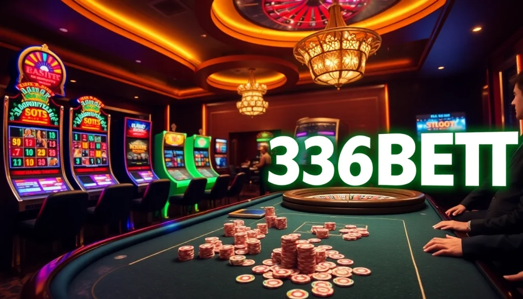 Players enjoying a vibrant gaming experience at 368BET casino with slot machines and poker tables.