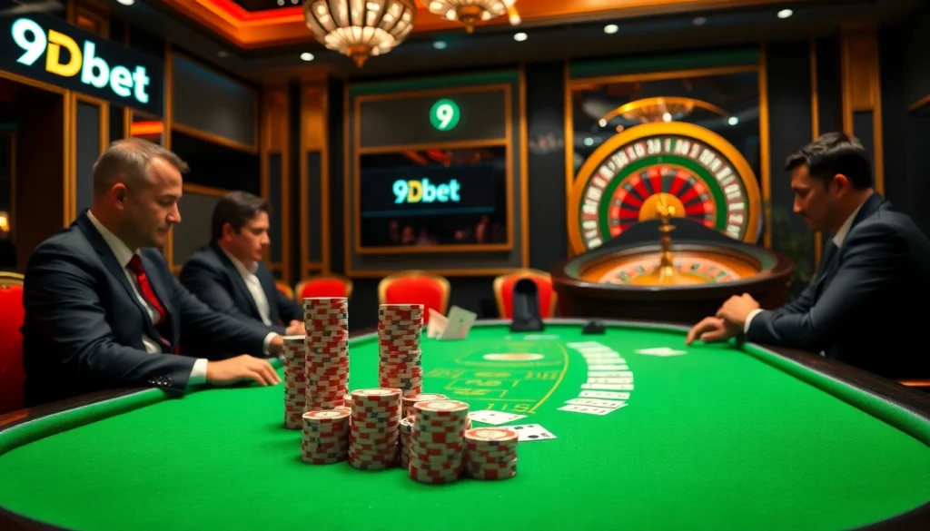 Experience excitement at the 9Dbet casino with vibrant poker chips and a roulette wheel.