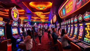 Petani toto bermain di mesin slot dengan energi tinggi dan suasana ceria.