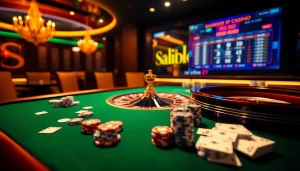Experience the thrill of online gambling at s8.com with an engaging casino scene filled with roulette tables and poker chips.