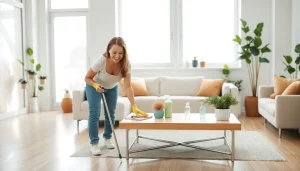 Transform your space with our Cleaning service, featuring a professional in a sparkling clean living room.