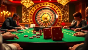 JOGOLUCK casino scene featuring an elegant gaming table with vibrant colors and lively gamblers.