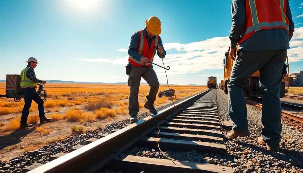 Great plains rail contractors expertly laying tracks in a vibrant open landscape.