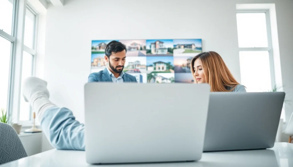 Engaging real estate agent assisting clients with property listings in a professional setting.