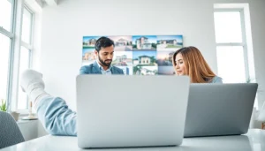 Engaging real estate agent assisting clients with property listings in a professional setting.