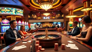 A vibrant casino scene highlighting KJ C with players enjoying poker, slot machines, and a roulette wheel.