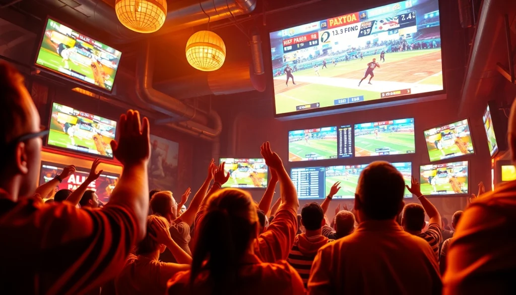 Engaged crowd celebrating sports betting in Oklahoma at a lively sports bar with screens.