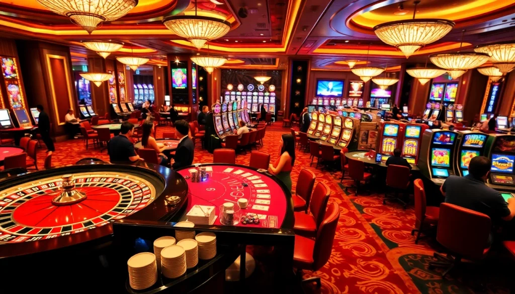 Players enjoying an exciting game night at OK365 casino, featuring vibrant slot machines and poker tables.