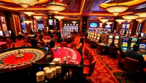 Players enjoying an exciting game night at OK365 casino, featuring vibrant slot machines and poker tables.
