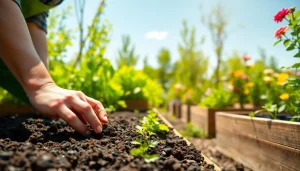 Gardening expert planting seeds in a vibrant vegetable garden.