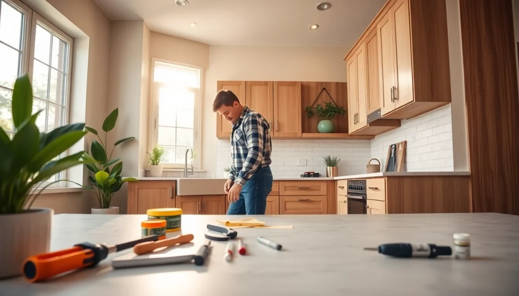 Showcase of home renovation with a contractor installing cabinets in a bright kitchen.