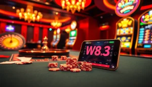 w88 213 slots and poker chips on an elegant casino table showcasing excitement and luxury.