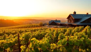 Stunning vineyard scene in Carksburg CA highlighting grapevines and rustic wineries at sunset.