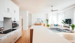 A modern kitchen in a stunning home renovation showcasing elegant design and bright, natural light.