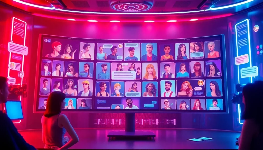 Interactive scene of porn chat avatars in a vibrant online chat environment.