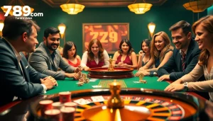 Players immerse in a thrilling game at 789club.com poker table, showcasing vibrant casino excitement.