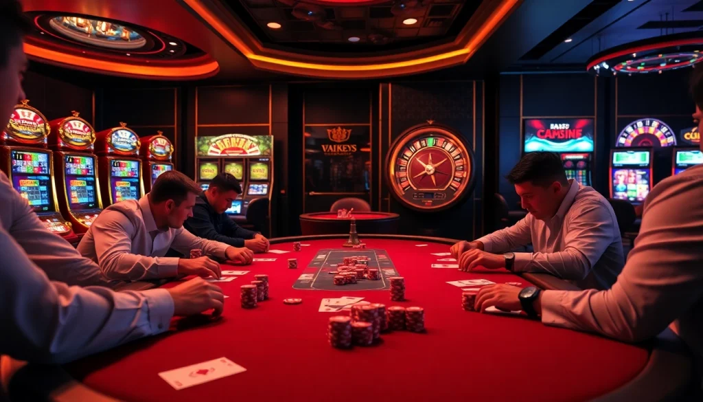 Players engage in a thrilling poker game at VB88 casino, surrounded by vibrant slot machines and exquisite decor.