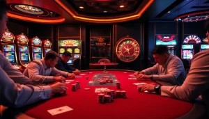 Players engage in a thrilling poker game at VB88 casino, surrounded by vibrant slot machines and exquisite decor.
