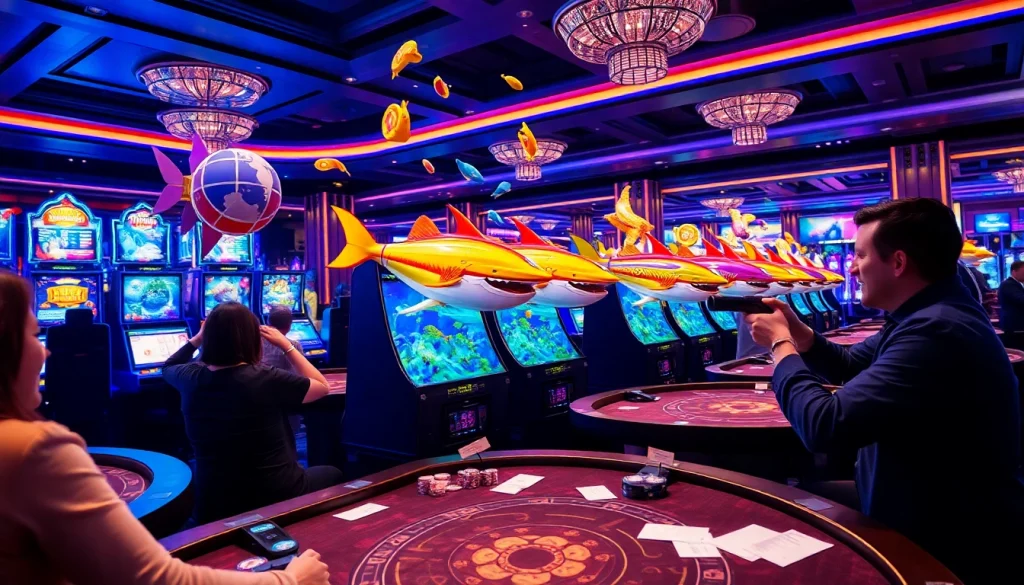 Bắn cá đổi thưởng game with vibrant sea creatures and excited players in a luxurious casino setting.