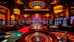 Players enjoy games at a Nhà cái uy tín casino, showcasing vibrant tables and thrilling action in a luxurious setting.