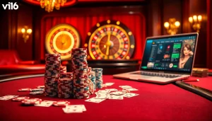 Experience the excitement of vn168 with a vibrant online casino scene featuring poker chips and a roulette wheel.