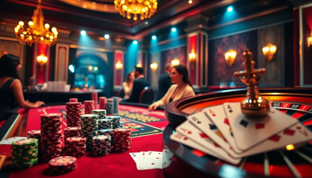 KJC players enjoying a luxury poker game with colorful chips and spinning roulette wheel.