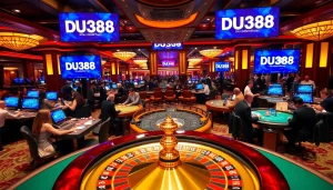Experience the excitement of DU388's casino atmosphere with vibrant tables and roulette wheels.