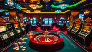 Gem88's thrilling casino environment with vibrant games, roulette wheels, and engaging players.