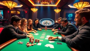 Players enjoying a thrilling game at GG88 casino with poker chips and cards.