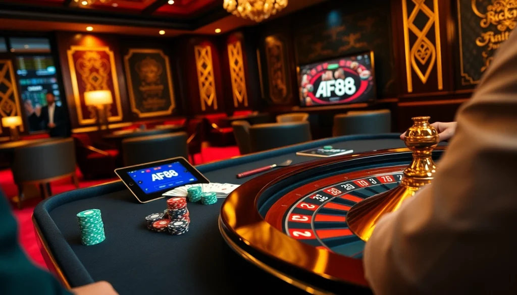 Players strategizing at AF88 gaming table within a luxurious casino ambiance.