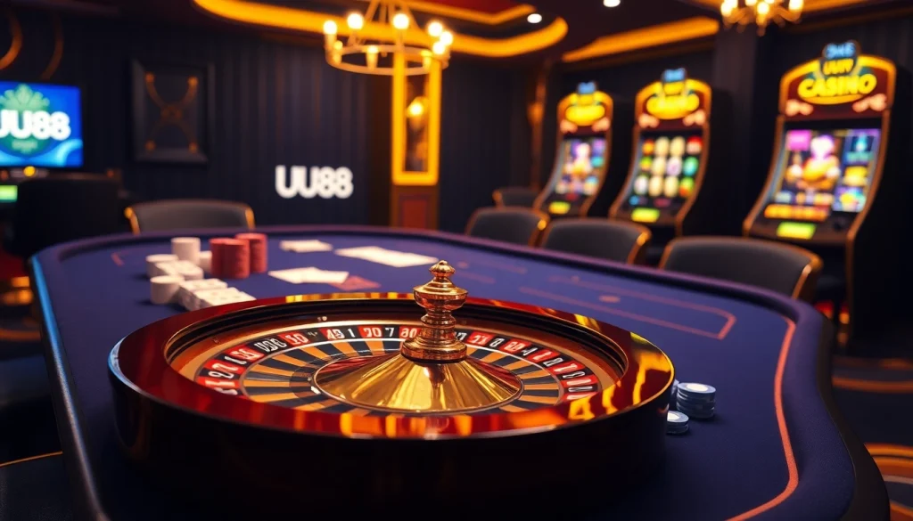 Players enjoying a thrilling UU88 gaming experience at an upscale casino table.