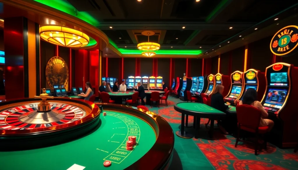 Engaging gamers at https://xx88.pizza/ in a luxurious casino atmosphere featuring roulette and poker tables.