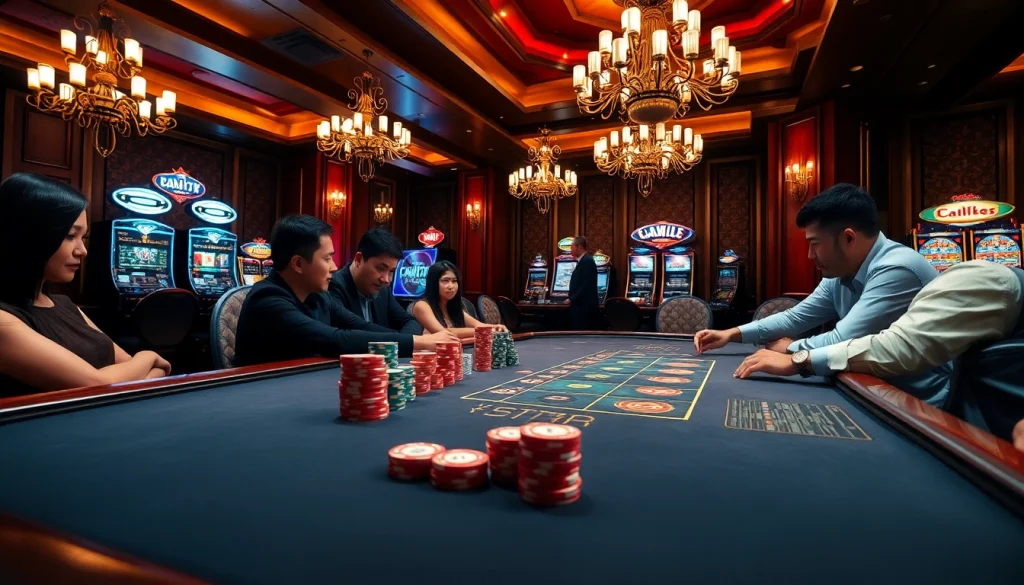 Experience the excitement of Đăng Ký QH88 with a vibrant casino ambiance, showcasing poker action and luxurious gaming decor.