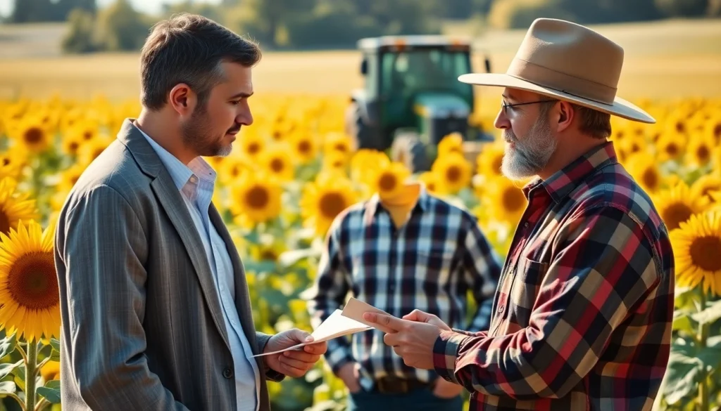 Attorney offers insights on agricultural law to a farmer among crops.